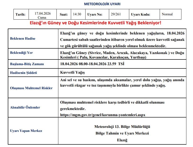 Elazığ için kuvvetli yağış uyarısı
?v=1