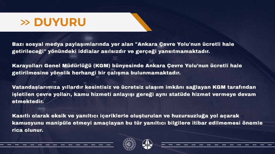 KGM’den  Ankara Çevre Yolu’nun ücretli hale getirileceği  iddialarına yalanlama
?v=1