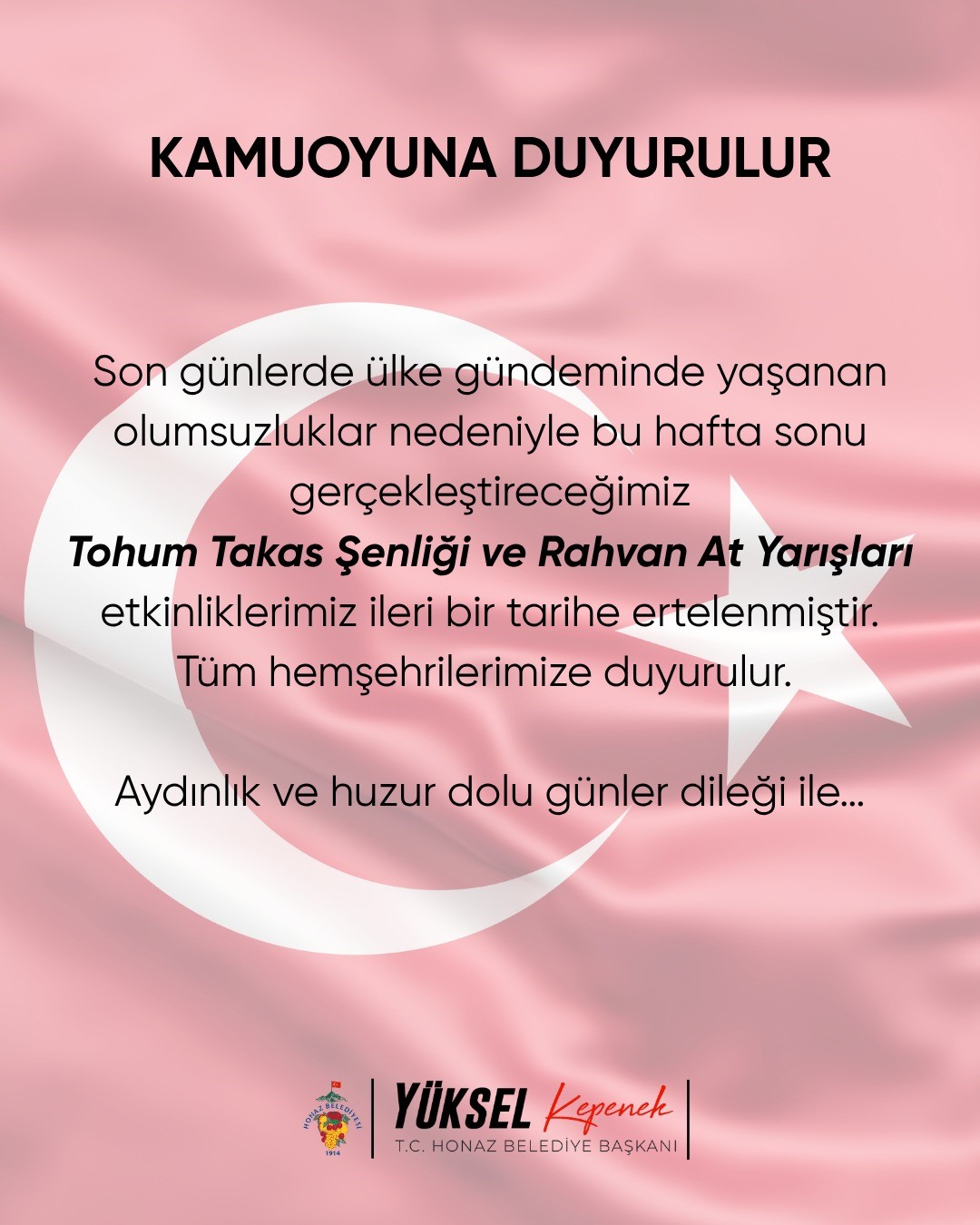 Honaz Tohum Takas Şenliği ve Rahvan At Yarışları, ülke gündeminde yaşanan olumsuzluklar nedeniyle ertelendi
?v=1