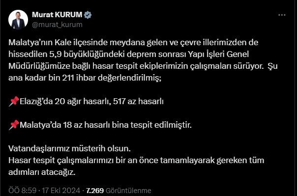 Bakan Kurum:  Vatandaşlarımız müsterih olsun, gereken adımları atacağız 
