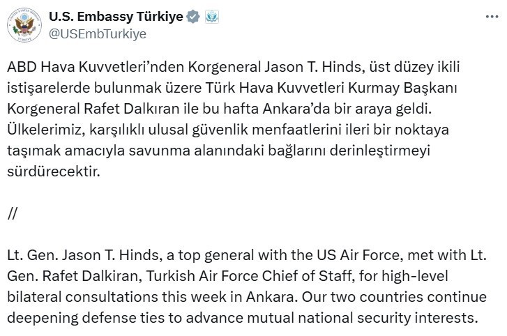 Türk Hava Kuvvetleri Kurmay Başkanı Korgeneral Dalkıran ile ABD’li Korgeneral Hinds bir araya geldi
