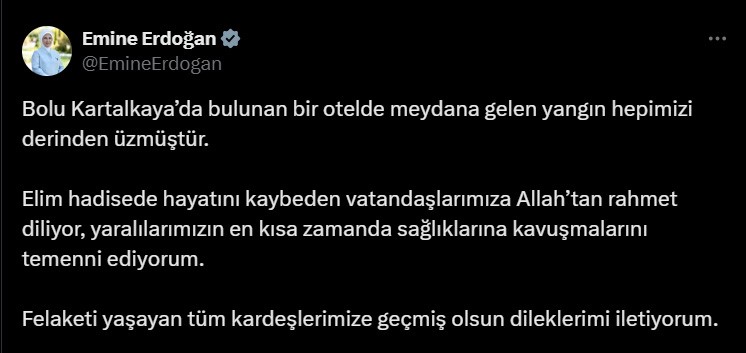 Emine Erdoğan’dan Kartalkaya’daki yangında hayatını kaybedenler için taziye mesajı
?v=1