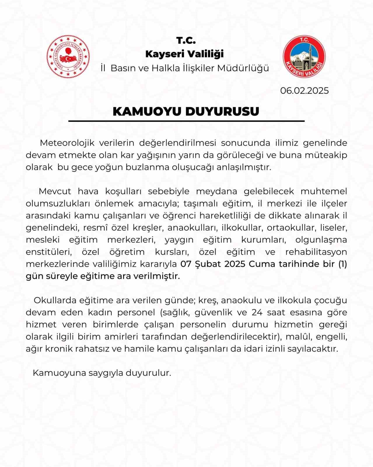 Kayseri’de eğitime 1 gün daha ara verildi
?v=1