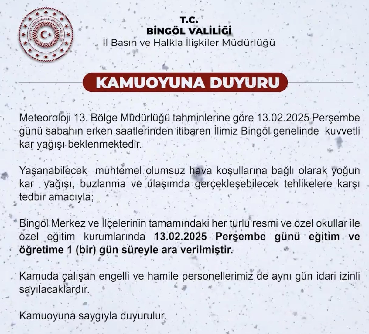 Bingöl’de  eğitime 1 gün ara verildi
?v=1