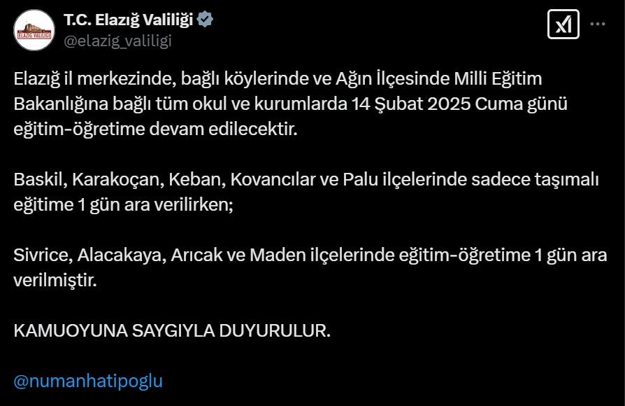 Elazığ’ın 4 ilçesinde eğitime ara verildi
?v=1