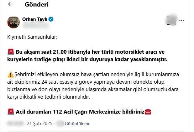 Samsun’da kurye ve motosikletlerin trafiğe çıkışı yasaklandı
?v=1