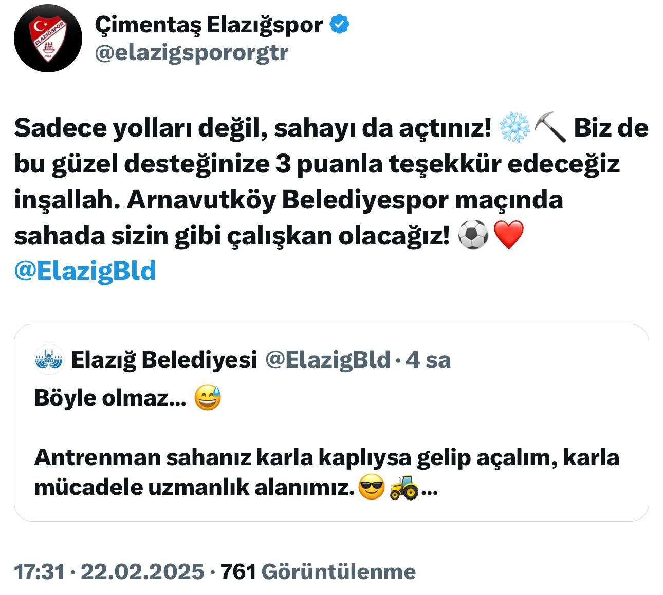 Elazığspor ve belediye arasındaki kar mizahı sosyal medyada ilgi gördü
?v=1