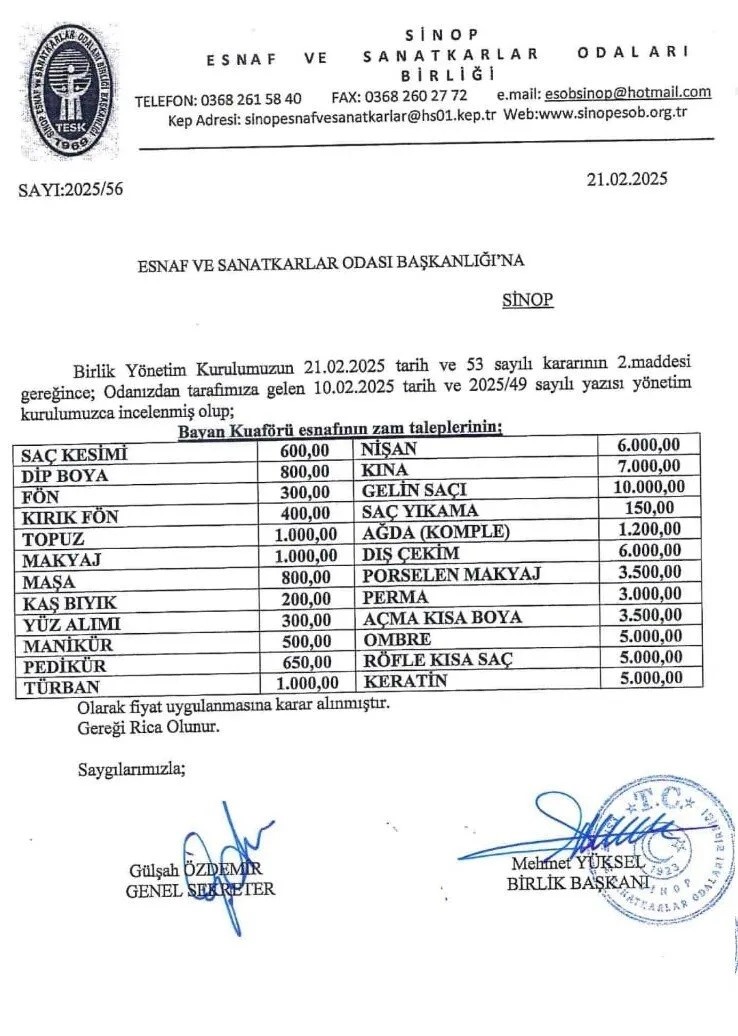 Sinop’ta bayan kuaförlerinde fiyatlara zam
?v=1