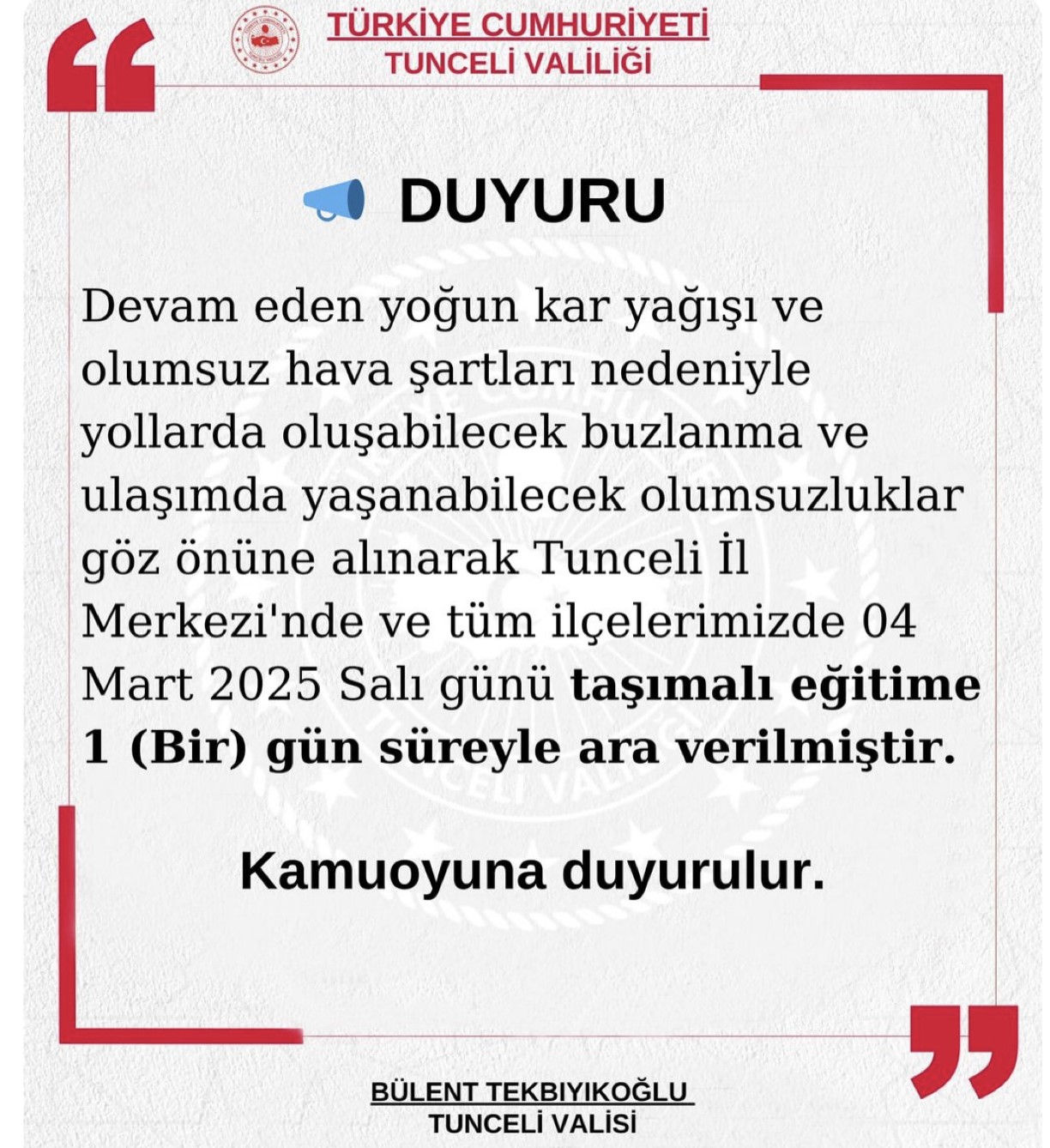 Tunceli’de eğitime 1 gün ara verildi
?v=1