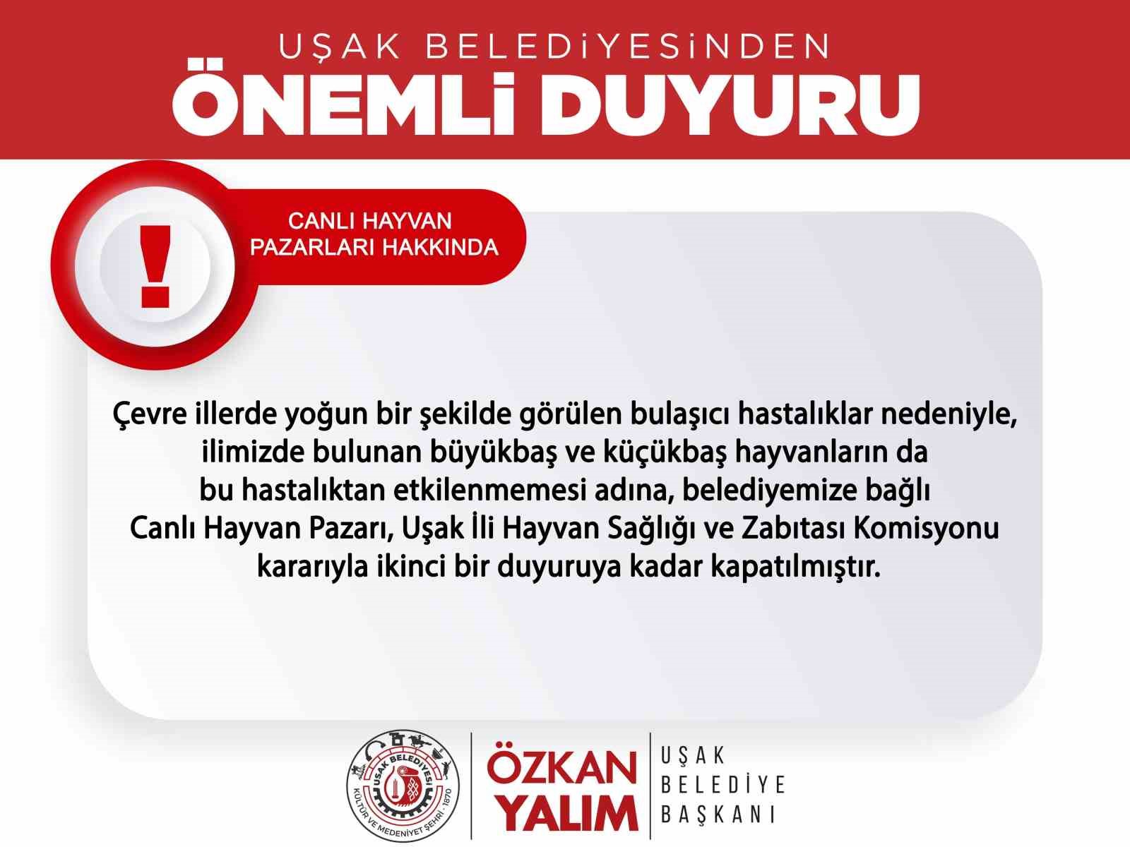 Uşak’ta Canlı Hayvan Pazarı ikinci bir duyuruya kadar kapandı
?v=1