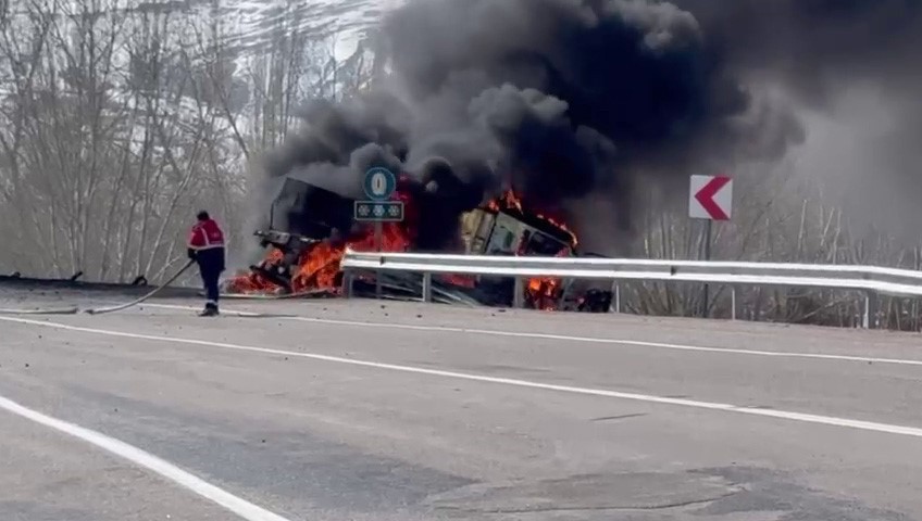 Yoldan çıkıp devrilen tır alev alev yandı
?v=1