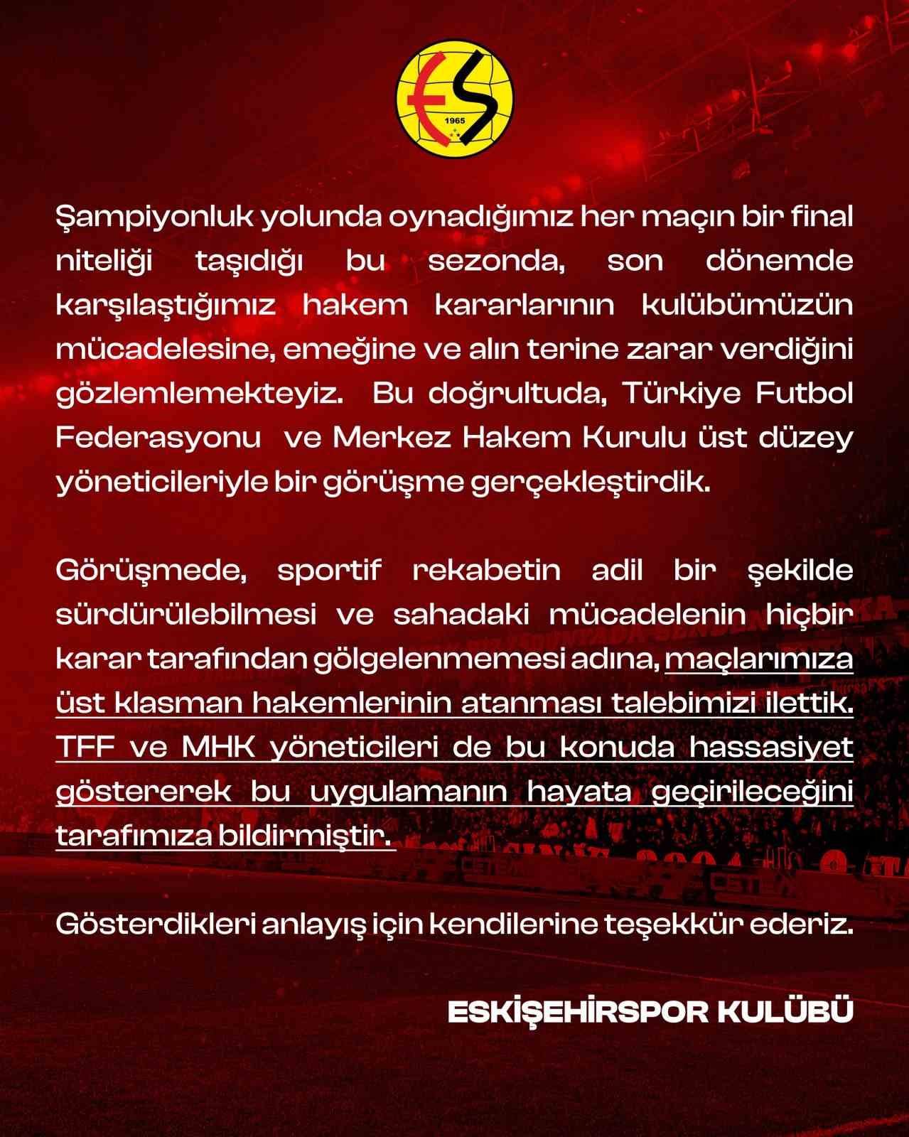 Eskişehirspor’dan maçlara üst klasman hakemler atanması talebi
?v=1