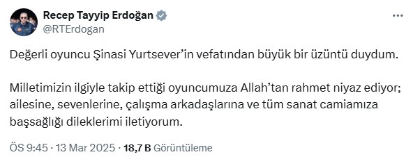 Cumhurbaşkanı Erdoğan’dan oyuncu Şinasi Yurtsever için taziye mesajı
?v=1